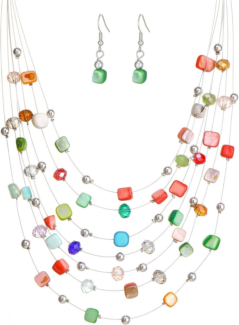 Errally Store Multi-Layer Boho Shell Beaded Necklace for Women Colorful Crystal Strand with Silver Beads Statement Collars Necklace and Earrings Costumes Jewelry Sets for Women - Image 1